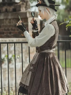 Steampunk Lolita SK 2-Piece Set Infanta Coffee Brown Metal Details Cotton Blend Velour Lolita Overskirt Outfits