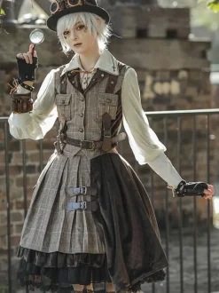 Steampunk Lolita SK 2-Piece Set Infanta Coffee Brown Metal Details Cotton Blend Velour Lolita Overskirt Outfits