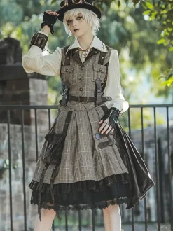 Steampunk Lolita SK 2-Piece Set Infanta Coffee Brown Metal Details Cotton Blend Velour Lolita Overskirt Outfits