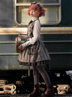 Steampunk Lolita SK 2-Piece Set Infanta Coffee Brown Metal Details Cotton Blend Velour Lolita Overskirt Outfits