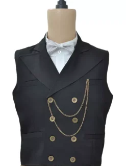 Steampunk Vintage Waistcoat Black Men's Double Breasted Suit Vest Pocket Watch Chain Back Strap Retro Costume