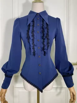 Steampunk Lolita Blouses Ruffles Lace Lolita Top Long Sleeves Blouse Blue Lolita Shirt