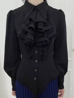 Steampunk Lolita Blouses Ruffles Lace Lolita Top Long Sleeves Blouse Blue Lolita Shirt