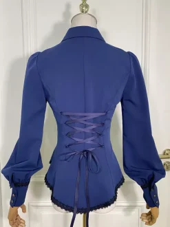 Steampunk Lolita Blouses Ruffles Lace Lolita Top Long Sleeves Blouse Blue Lolita Shirt