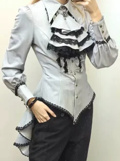 Steampunk Lolita Blouses Ruffles Lace Lolita Top Long Sleeves Blouse Blue Lolita Shirt