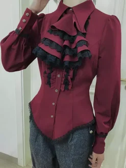 Steampunk Lolita Blouses Ruffles Lace Lolita Top Long Sleeves Blouse Blue Lolita Shirt