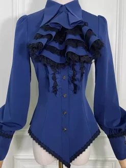 Steampunk Lolita Blouses Ruffles Lace Lolita Top Long Sleeves Blouse Blue Lolita Shirt