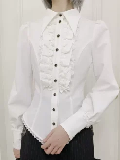 Steampunk Lolita Blouses Ruffles Lace Lolita Top Long Sleeves Blouse Blue Lolita Shirt