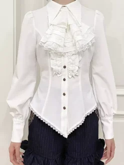 Steampunk Lolita Blouses Ruffles Lace Lolita Top Long Sleeves Blouse Blue Lolita Shirt