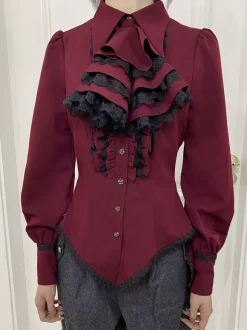 Steampunk Lolita Blouses Ruffles Lace Lolita Top Long Sleeves Blouse Blue Lolita Shirt