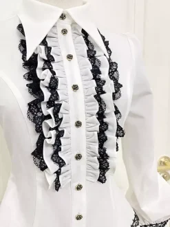 Steampunk Lolita Blouses Ruffles Lace Lolita Top Long Sleeves Blouse Blue Lolita Shirt