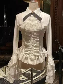 Steampunk Lolita Blouses Ruffles Lace Long Sleeves Lolita Top Blouse White Lolita Shirt
