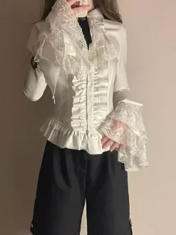 Steampunk Lolita Blouses Ruffles Lace Long Sleeves Lolita Top Blouse White Lolita Shirt