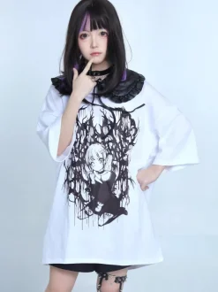 Steampunk Lolita Blouses Ruffles Lolita Top Short Sleeves Floral Print Black Lolita Shirt