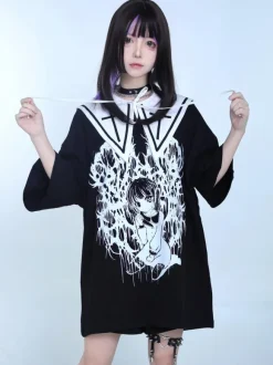 Steampunk Lolita Blouses Ruffles Lolita Top Short Sleeves Floral Print Black Lolita Shirt