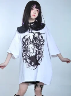 Steampunk Lolita Blouses Ruffles Lolita Top Short Sleeves Floral Print Black Lolita Shirt