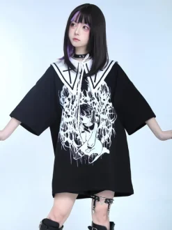 Steampunk Lolita Blouses Ruffles Lolita Top Short Sleeves Floral Print Black Lolita Shirt