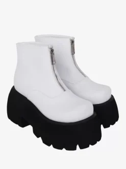Steampunk Lolita Boots White Metal Details Metallic Round Toe PU Leather Lolita Footwear