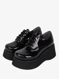 Steampunk Lolita Footwear Black Lace up Patent Leather PU Leather Wedge Heel Lolita Pumps