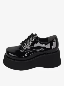 Steampunk Lolita Footwear Black Lace up Patent Leather PU Leather Wedge Heel Lolita Pumps