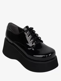 Steampunk Lolita Footwear Black Lace up Patent Leather PU Leather Wedge Heel Lolita Pumps