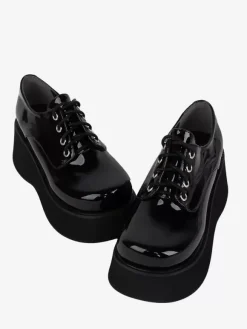 Steampunk Lolita Footwear Black Lace up Patent Leather PU Leather Wedge Heel Lolita Pumps