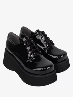 Steampunk Lolita Footwear Black Lace up Patent Leather PU Leather Wedge Heel Lolita Pumps