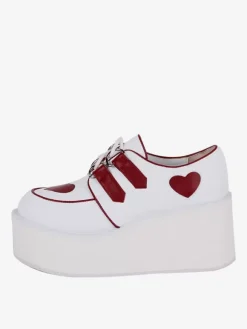 Steampunk Lolita Footwear White Lace up Hearts Pattern PU Leather Wedge Heel Lolita Pumps