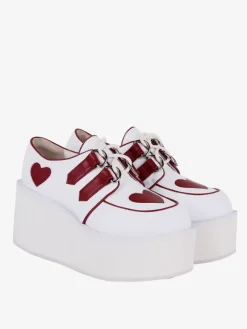 Steampunk Lolita Footwear White Lace up Hearts Pattern PU Leather Wedge Heel Lolita Pumps