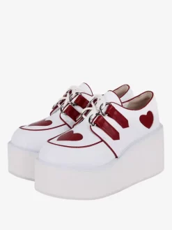 Steampunk Lolita Footwear White Lace up Hearts Pattern PU Leather Wedge Heel Lolita Pumps