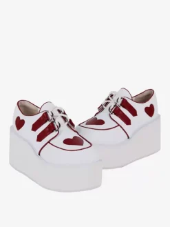 Steampunk Lolita Footwear White Lace up Hearts Pattern PU Leather Wedge Heel Lolita Pumps