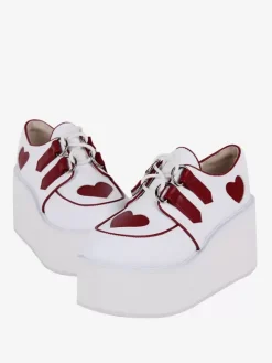 Steampunk Lolita Footwear White Lace up Hearts Pattern PU Leather Wedge Heel Lolita Pumps