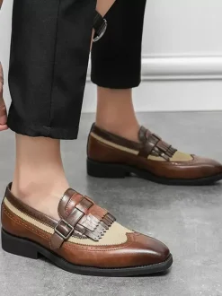 Strap Adjustable Slip-On Color Block Round Toe Men's Monk Loafer Shoes