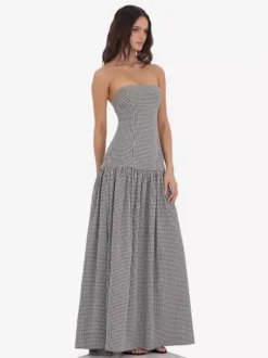 Strapless Gingham Maxi Dress For Women - Plaid Bandeau Drop Waist Long Sundress - Summer Picnic 2026