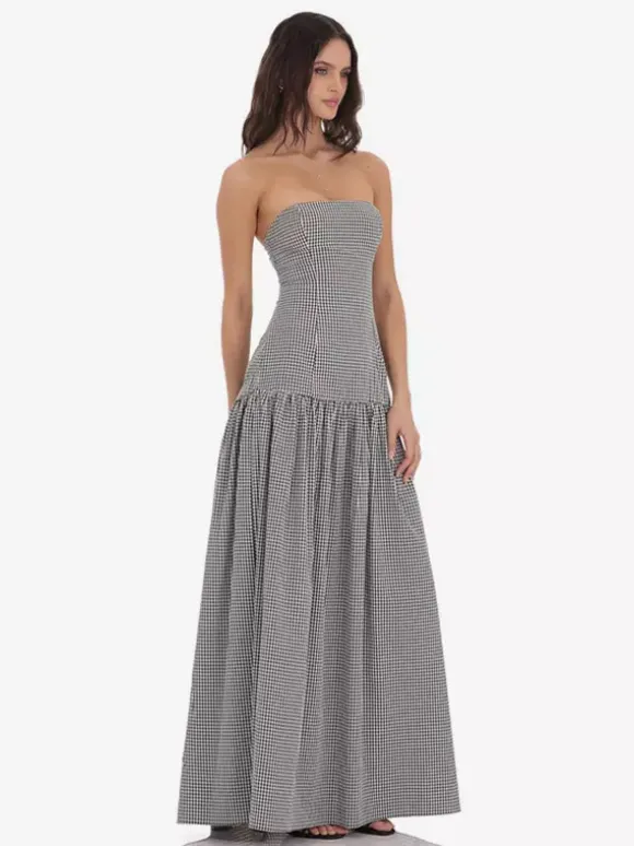 Strapless Gingham Maxi Dress For Women - Plaid Bandeau Drop Waist Long Sundress - Summer Picnic 2026
