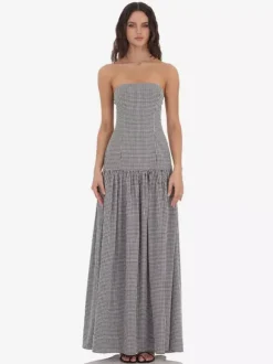Strapless Gingham Maxi Dress For Women - Plaid Bandeau Drop Waist Long Sundress - Summer Picnic 2026