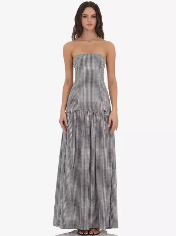 Strapless Gingham Maxi Dress For Women - Plaid Bandeau Drop Waist Long Sundress - Summer Picnic 2026