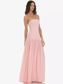 Strapless Gingham Maxi Dress For Women - Plaid Bandeau Drop Waist Long Sundress - Summer Picnic 2026