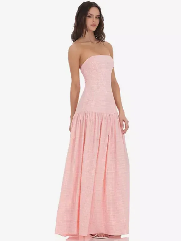 Strapless Gingham Maxi Dress For Women - Plaid Bandeau Drop Waist Long Sundress - Summer Picnic 2026