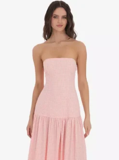 Strapless Gingham Maxi Dress For Women - Plaid Bandeau Drop Waist Long Sundress - Summer Picnic 2026