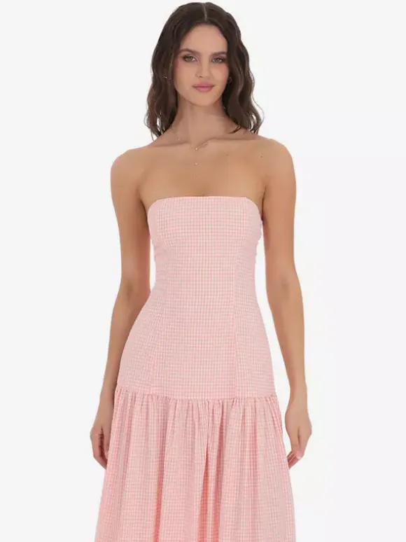 Strapless Gingham Maxi Dress For Women - Plaid Bandeau Drop Waist Long Sundress - Summer Picnic 2026