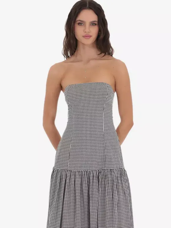 Strapless Gingham Maxi Dress For Women - Plaid Bandeau Drop Waist Long Sundress - Summer Picnic 2026
