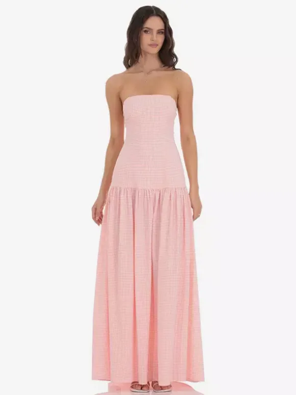 Strapless Gingham Maxi Dress For Women - Plaid Bandeau Drop Waist Long Sundress - Summer Picnic 2026