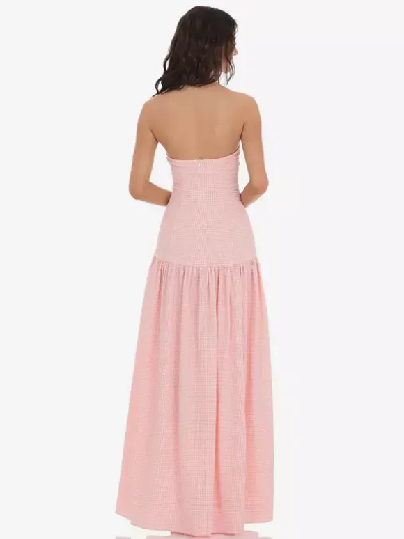 Strapless Gingham Maxi Dress For Women - Plaid Bandeau Drop Waist Long Sundress - Summer Picnic 2026