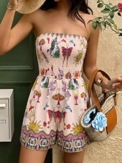 Strapless Bohemian Print Romper Floral Print Summer Beach Casual Short Jumpsuit
