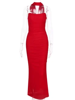 Strapless Corset And Mesh Maxi Skirt And Neck Scarf Party 3 Piece Co-ord Set For Women 2026