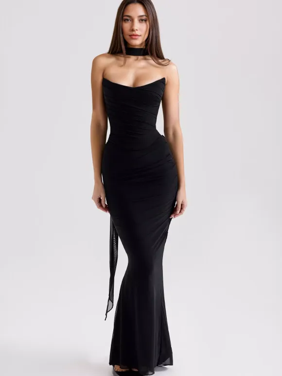 Strapless Corset And Mesh Maxi Skirt And Neck Scarf Party 3 Piece Co-ord Set For Women 2026