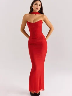 Strapless Corset And Mesh Maxi Skirt And Neck Scarf Party 3 Piece Co-ord Set For Women 2026