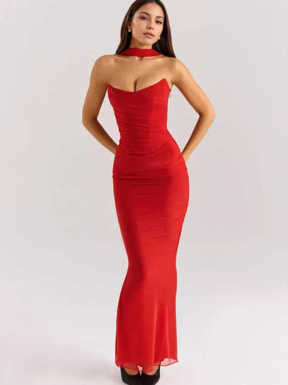 Strapless Corset And Mesh Maxi Skirt And Neck Scarf Party 3 Piece Co-ord Set For Women 2026