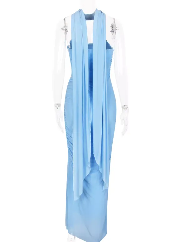 Strapless Corset And Mesh Maxi Skirt And Neck Scarf Party 3 Piece Co-ord Set For Women 2026